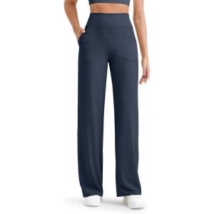 imageG4Free Women Casual Ribbed Wide Leg Pants with Pockets Lightweight High Waist Yoga Pants PetiteRegularTallDark Navy