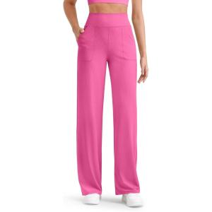 imageG4Free Women Casual Ribbed Wide Leg Pants with Pockets Lightweight High Waist Yoga Pants PetiteRegularTallHot Pink