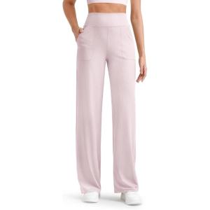 imageG4Free Women Casual Ribbed Wide Leg Pants with Pockets Lightweight High Waist Yoga Pants PetiteRegularTallLight Pink