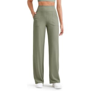 imageG4Free Women Casual Ribbed Wide Leg Pants with Pockets Lightweight High Waist Yoga Pants PetiteRegularTallMisty Green
