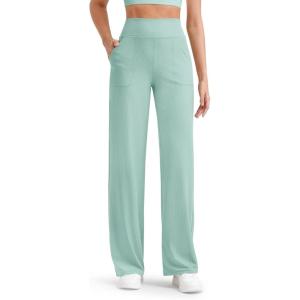 imageG4Free Women Casual Ribbed Wide Leg Pants with Pockets Lightweight High Waist Yoga Pants PetiteRegularTallPowder Blue