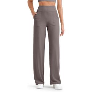 imageG4Free Women Casual Ribbed Wide Leg Pants with Pockets Lightweight High Waist Yoga Pants PetiteRegularTallTaupe