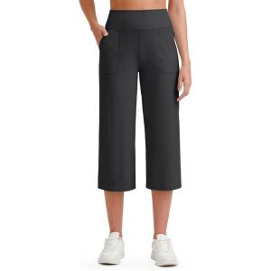 imageG4Free Womens Ribbed Wide Leg Yoga Capri Pants High Waist Summer Lightweight Loose Cropped Pants with PocketsBlack