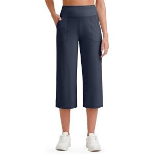 imageG4Free Womens Ribbed Wide Leg Yoga Capri Pants High Waist Summer Lightweight Loose Cropped Pants with PocketsDark Navy