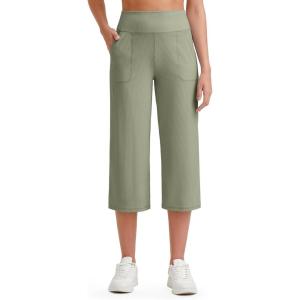 imageG4Free Womens Ribbed Wide Leg Yoga Capri Pants High Waist Summer Lightweight Loose Cropped Pants with PocketsGray Olive