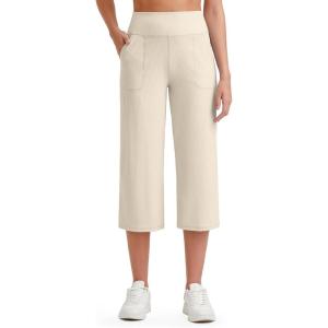 imageG4Free Womens Ribbed Wide Leg Yoga Capri Pants High Waist Summer Lightweight Loose Cropped Pants with PocketsLight Khaki