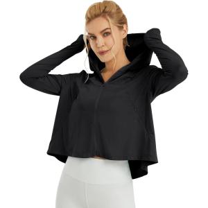 imageWomens UPF 50 Sun Protection Hoodie Shirts Lightweight Quick Dry Long Sleeve Zip Jacket with Pocket Hiking OutdoorBlack