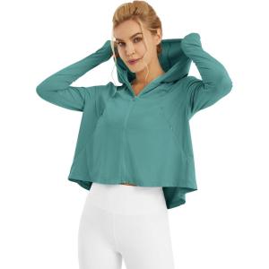 imageWomens UPF 50 Sun Protection Hoodie Shirts Lightweight Quick Dry Long Sleeve Zip Jacket with Pocket Hiking OutdoorMyrtle Green