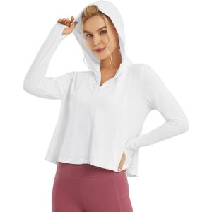 imageWomens UPF 50 Sun Protection Hoodie Shirts Lightweight Quick Dry Long Sleeve Zip Jacket with Pocket Hiking OutdoorWhite