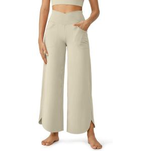 imageG4Free 252729 Wide Leg Pants for Women Ankle Length Loose Yoga Cross High Waist Dance Casual Pants with PocketsApricot