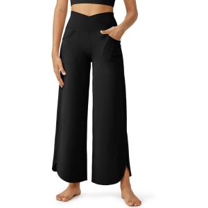 imageG4Free 252729 Wide Leg Pants for Women Ankle Length Loose Yoga Cross High Waist Dance Casual Pants with PocketsBlack