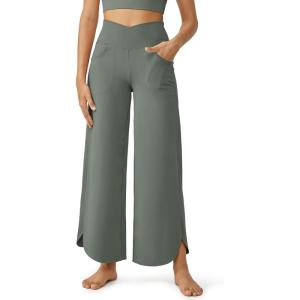 imageG4Free 252729 Wide Leg Pants for Women Ankle Length Loose Yoga Cross High Waist Dance Casual Pants with PocketsGrey Sage