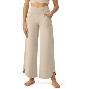 imageG4Free 252729 Wide Leg Pants for Women Ankle Length Loose Yoga Cross High Waist Dance Casual Pants with PocketsLight Khaki