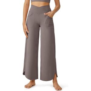 imageG4Free 252729 Wide Leg Pants for Women Ankle Length Loose Yoga Cross High Waist Dance Casual Pants with PocketsTaupe