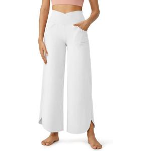 imageG4Free 252729 Wide Leg Pants for Women Ankle Length Loose Yoga Cross High Waist Dance Casual Pants with PocketsWhite