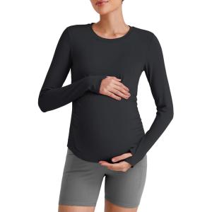 imageG4Free BareFeel Maternity Long Sleeve T Shirts Crewneck Ruches Pregnancy Workout Tops with Thumbholes Altheltic Yoga TeeBlack