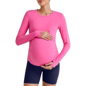imageG4Free BareFeel Maternity Long Sleeve T Shirts Crewneck Ruches Pregnancy Workout Tops with Thumbholes Altheltic Yoga TeeHot Pink