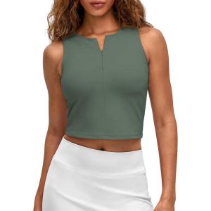 imageG4Free BareFeel Womens Cropped Tank Tops Half Zip Workout Athletic Shirts Sleeveless for Gym Tennis Slim FitGray Sage