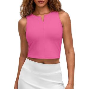 imageG4Free BareFeel Womens Cropped Tank Tops Half Zip Workout Athletic Shirts Sleeveless for Gym Tennis Slim FitHot Pink