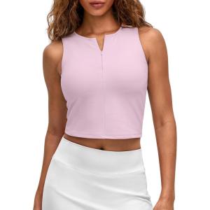 imageG4Free BareFeel Womens Cropped Tank Tops Half Zip Workout Athletic Shirts Sleeveless for Gym Tennis Slim FitPink