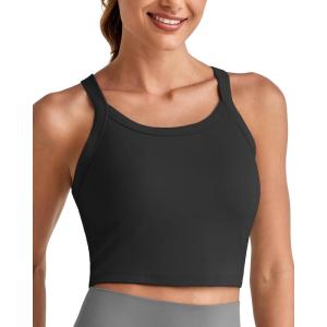 imageG4Free Barefeel Cropped Workout Tops for Women Built in Bra Removable Padded Longline Sports Bras Racerback Yoga TopsBlack