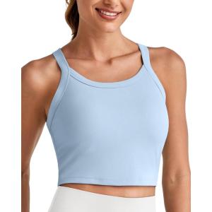 imageG4Free Barefeel Cropped Workout Tops for Women Built in Bra Removable Padded Longline Sports Bras Racerback Yoga TopsLight Denim