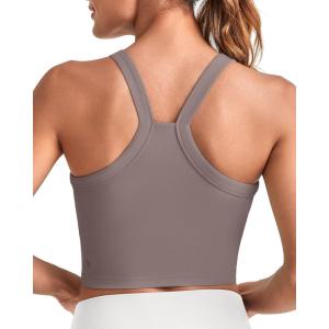 imageG4Free Barefeel Cropped Workout Tops for Women Built in Bra Removable Padded Longline Sports Bras Racerback Yoga TopsTaupe
