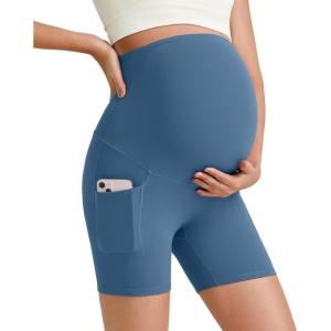 imageG4Free Barefeel Maternity Biker Shorts with Pockets Over The Belly Legging 5quot Pregnancy Yoga Pants Athletic WorkoutBlue Gray