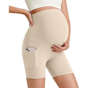 imageG4Free Barefeel Maternity Biker Shorts with Pockets Over The Belly Legging 5quot Pregnancy Yoga Pants Athletic WorkoutLight Khaki