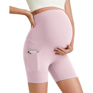 imageG4Free Barefeel Maternity Biker Shorts with Pockets Over The Belly Legging 5quot Pregnancy Yoga Pants Athletic WorkoutPink