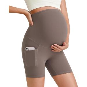 imageG4Free Barefeel Maternity Biker Shorts with Pockets Over The Belly Legging 5quot Pregnancy Yoga Pants Athletic WorkoutTaupe