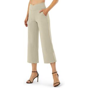 imageG4Free Capri Pants for Women Wide Leg Yoga Dress Capris with Pockets Cross Loose Casual Work Crop PantsApricot