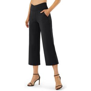 imageG4Free Capri Pants for Women Wide Leg Yoga Dress Capris with Pockets Cross Loose Casual Work Crop PantsBlack