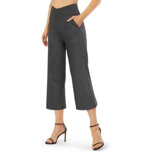 imageG4Free Capri Pants for Women Wide Leg Yoga Dress Capris with Pockets Cross Loose Casual Work Crop PantsCharcoal Heather