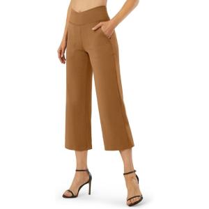 imageG4Free Capri Pants for Women Wide Leg Yoga Dress Capris with Pockets Cross Loose Casual Work Crop PantsCoca Mocha