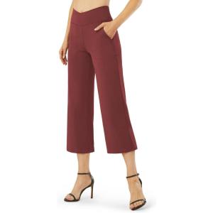 imageG4Free Capri Pants for Women Wide Leg Yoga Dress Capris with Pockets Cross Loose Casual Work Crop PantsDark Burgundy