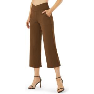 imageG4Free Capri Pants for Women Wide Leg Yoga Dress Capris with Pockets Cross Loose Casual Work Crop PantsDark Coffee