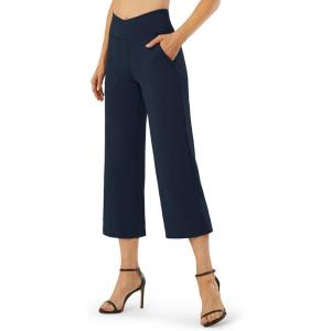 imageG4Free Capri Pants for Women Wide Leg Yoga Dress Capris with Pockets Cross Loose Casual Work Crop PantsDark Navy