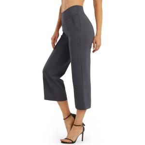 imageG4Free Capri Pants for Women Wide Leg Yoga Dress Capris with Pockets Cross Loose Casual Work Crop PantsDeep Grey