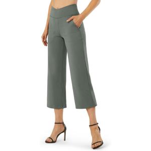 imageG4Free Capri Pants for Women Wide Leg Yoga Dress Capris with Pockets Cross Loose Casual Work Crop PantsGrey Sage