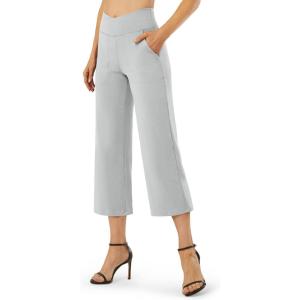 imageG4Free Capri Pants for Women Wide Leg Yoga Dress Capris with Pockets Cross Loose Casual Work Crop PantsLight Grey