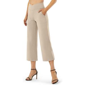 imageG4Free Capri Pants for Women Wide Leg Yoga Dress Capris with Pockets Cross Loose Casual Work Crop PantsLight Khaki