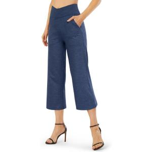 imageG4Free Capri Pants for Women Wide Leg Yoga Dress Capris with Pockets Cross Loose Casual Work Crop PantsNavy Heather