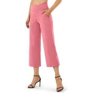 imageG4Free Capri Pants for Women Wide Leg Yoga Dress Capris with Pockets Cross Loose Casual Work Crop PantsPink