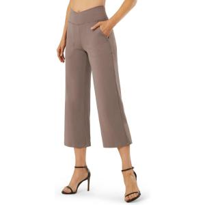 imageG4Free Capri Pants for Women Wide Leg Yoga Dress Capris with Pockets Cross Loose Casual Work Crop PantsTaupe
