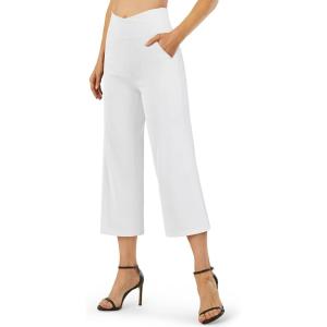 imageG4Free Capri Pants for Women Wide Leg Yoga Dress Capris with Pockets Cross Loose Casual Work Crop PantsWhite