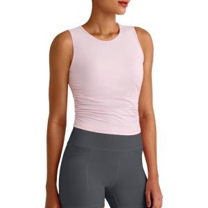 imageG4Free Lightbreeze Workout Tank Tops for Women Yoga Crop Top Side Ruched Sleeveless High Neck Athletic Gym Shirts SummerPink