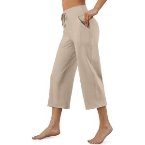 imageG4Free Wide Leg Capris Yoga Pants for Women with Pockets Summer High Waist Dress Pants for Workout Casual Pants 21quotKhaki