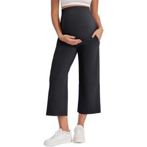 imageG4Free Wide Leg Maternity Yoga Capris Over The Belly Stretch Pregnancy Cropped Pants with PocketsBlack