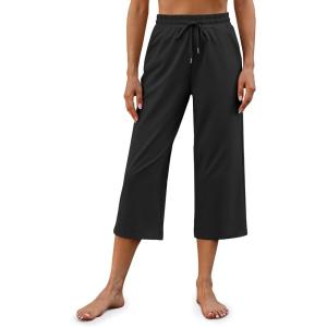 imageG4Free Wide Leg Pants for Women Yoga Capris with Pockets Drawstring Casual Cropped Pants for SummerBlack